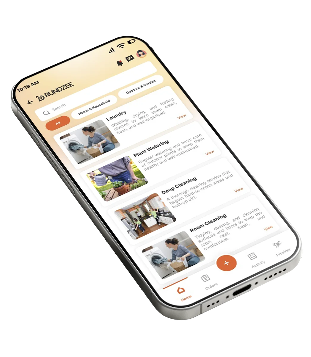 A phone showing the Rundzee PH home-services listing