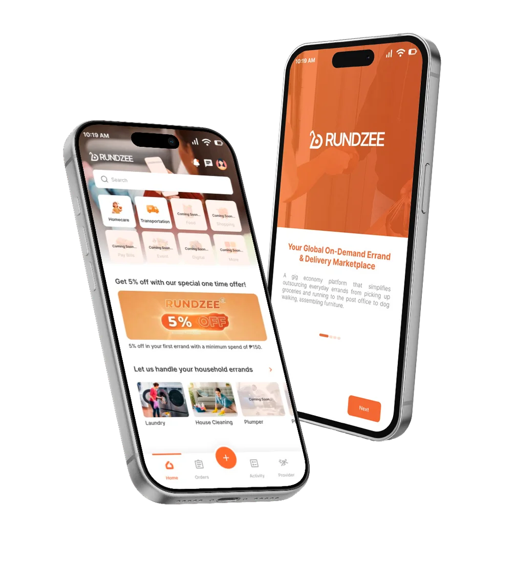 Two phones showing the Rundzee PH app home and splash screens