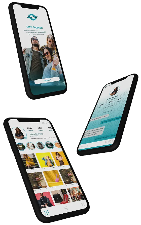 Three phones showing screens of the Engage social app
